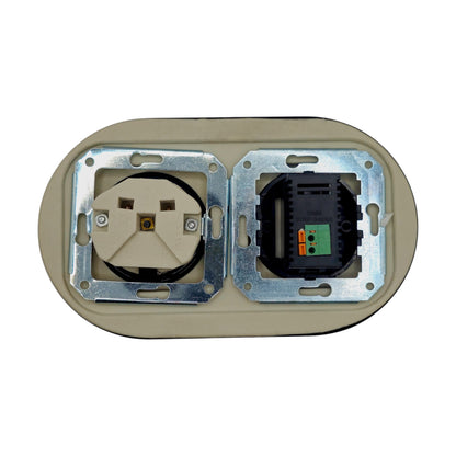 Single SCHUKO porcelain socket with 2xUSB-A, black, flush-mounted, back view