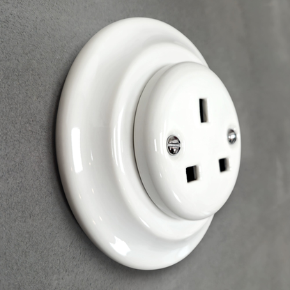 Power Socket Plug Porcelain UK 3 Prong Loft Retro Electrical Flush Mounted Vintage Cottage White Ceramic