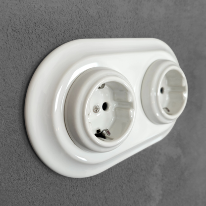 Double Power Socket Porcelain Loft Retro Electrical German Schuko Flush-Mounting Vintage Cottage Ceramic White