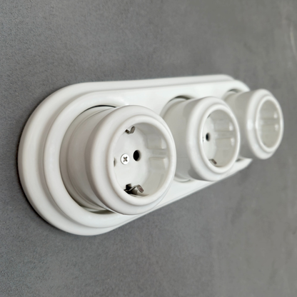 Retro Style White Ceramic Triple German Schuko Socket Surface-Mounting Childproof