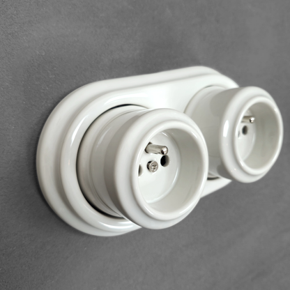 Surface-Mounting Double Frame French Power Socket Porcelain Loft Retro Electrical Vintage Cottage Ceramic White