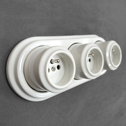 Triple Power French Socket Porcelain Surface Mounted Loft Retro Electrical 3 Socket Vintage Cottage Ceramic White