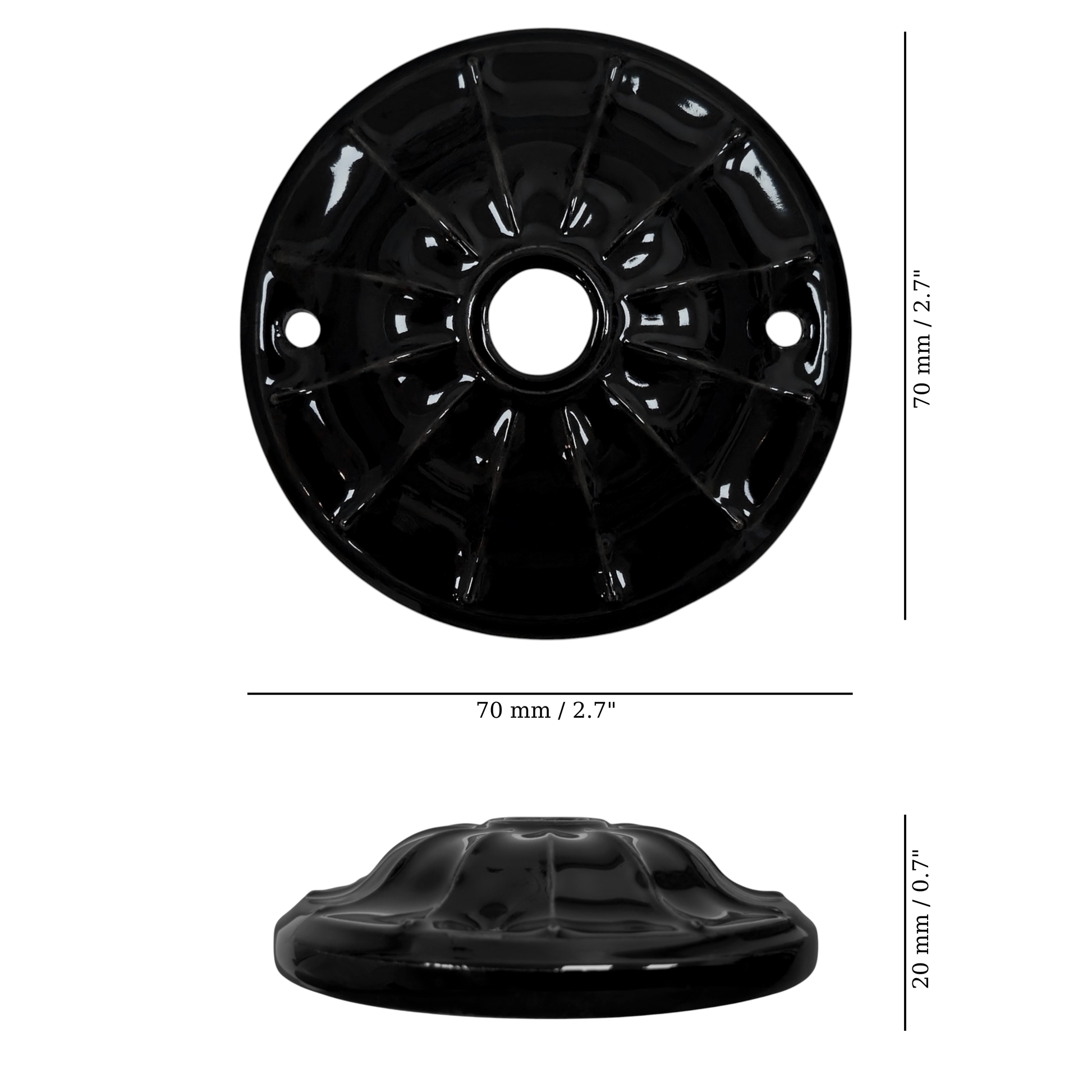 black porcelain lined ceiling rose 70x20mm, measurements