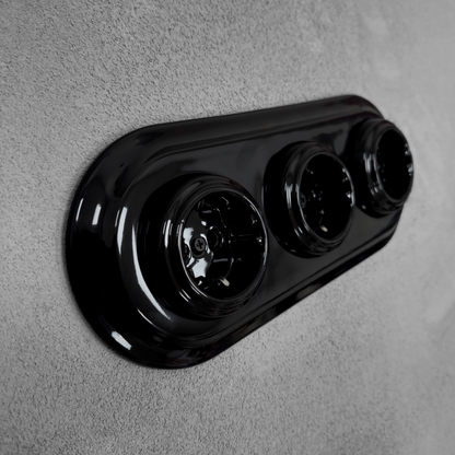 Triple Power Socket Porcelain Loft Retro Electrical German Schuko Flush-Mounting Vintage Cottage Ceramic Black