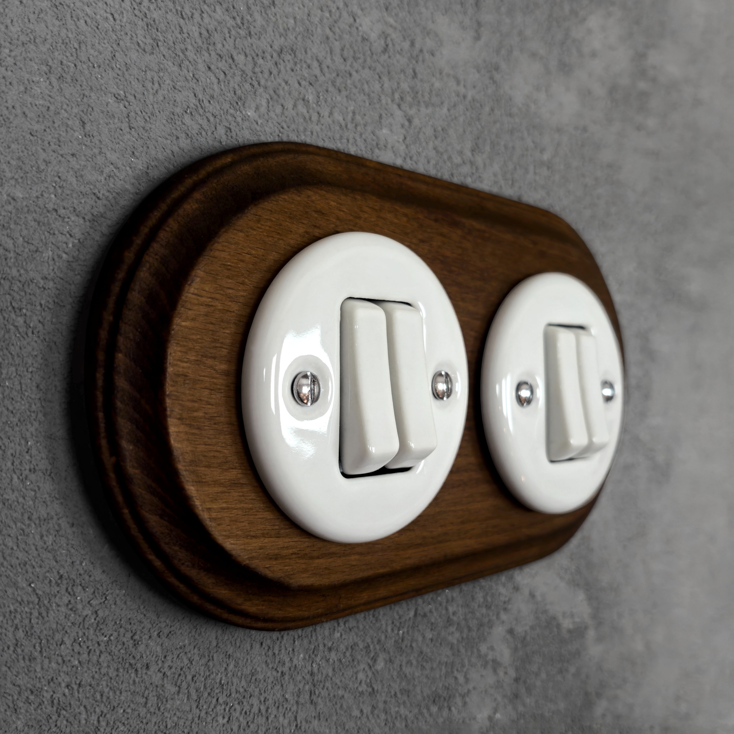 Wooden Frame Double Porcelain Light Switch Loft Retro 2-gang Two-way Flush-Mounting Vintage Cottage Ceramic Dark Brown With White