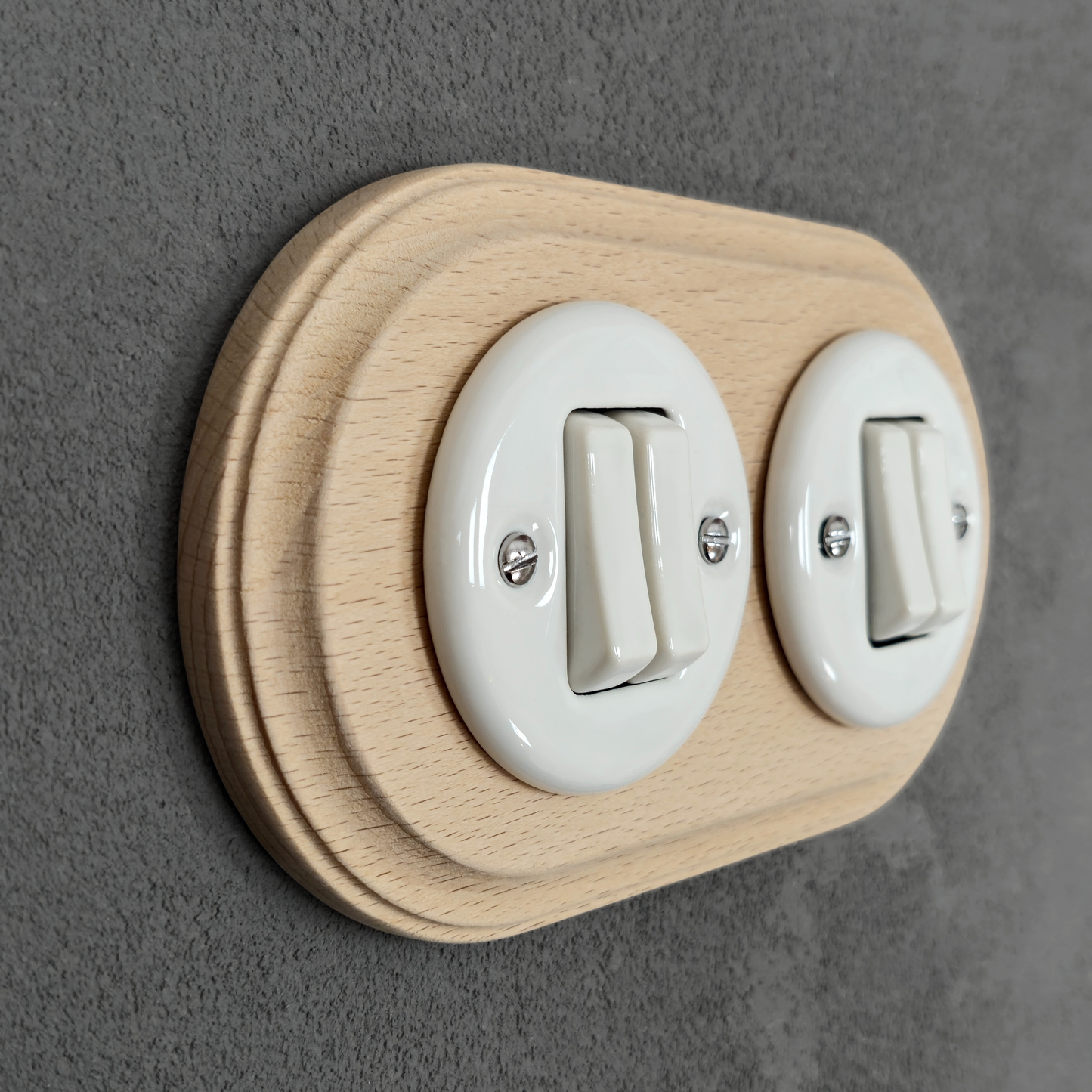 double white porcelain 2gang2way light switch wood frame, flush-mount, angled