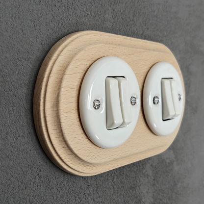 double white porcelain 2gang2way light switch wood frame, flush-mount, angled