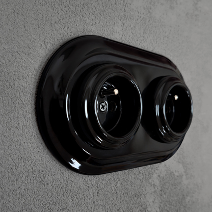 Flush-Mounting Double Frame French Power Socket Porcelain Loft Retro Electrical Vintage Cottage Ceramic Black