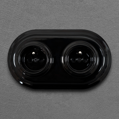 Double black French porcelain socket, flush-mount, front