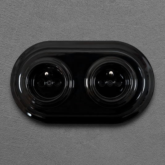 Double black French porcelain socket, flush-mount, front