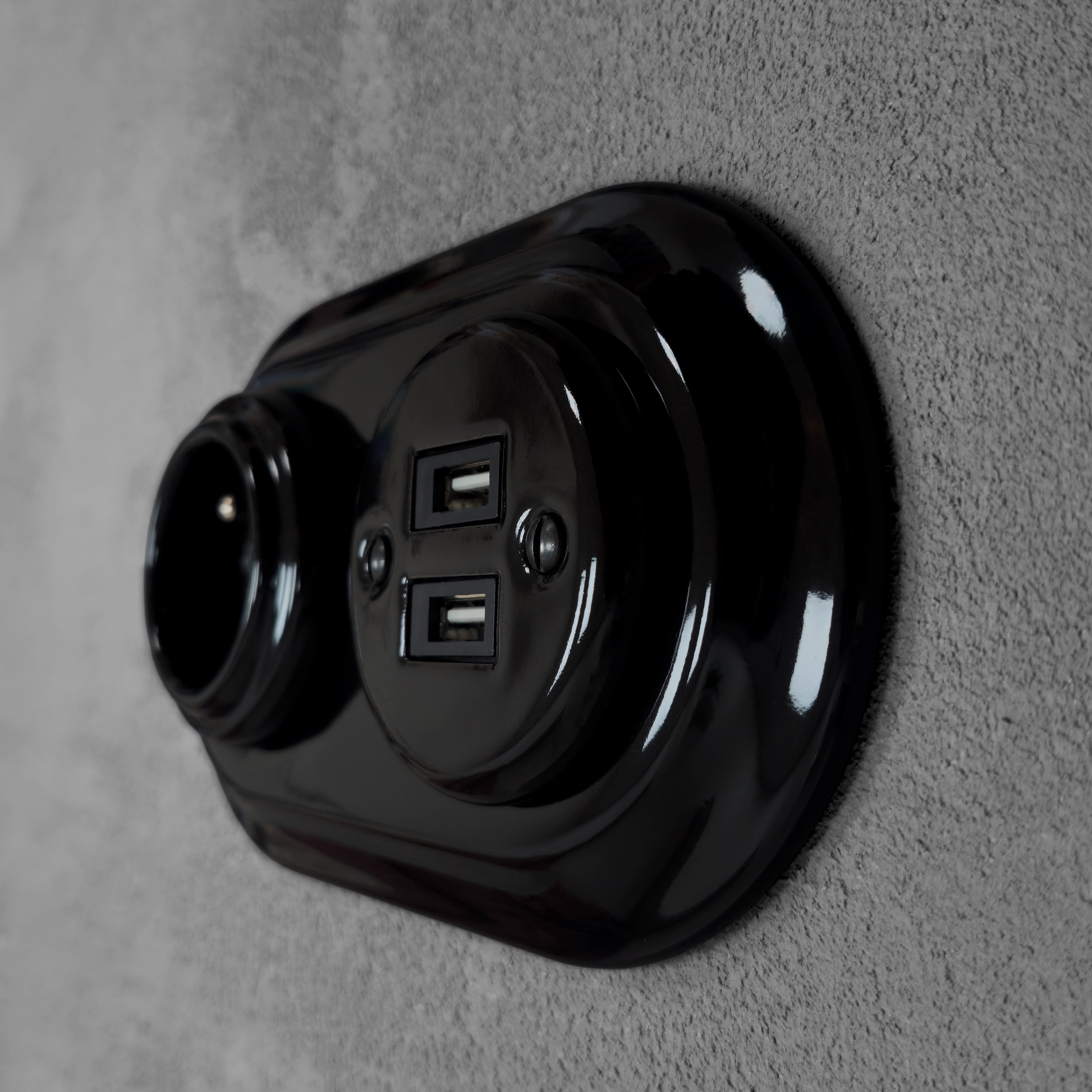 Black porcelain Type F socket with 2xUSB-A, flush-mount, side2