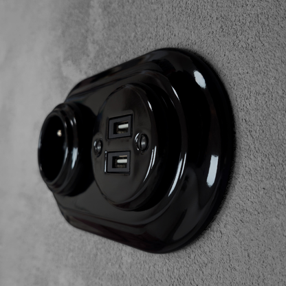 Black porcelain Type F socket with 2xUSB-A, flush-mount, side2