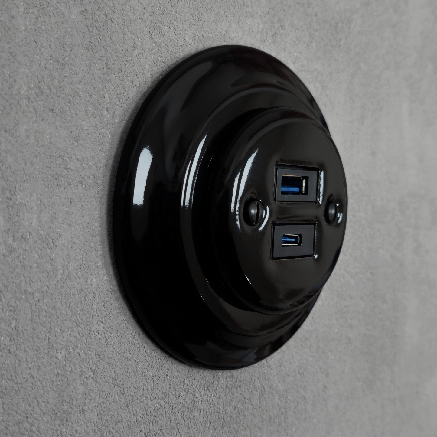 Black porcelain USB A+C charging socket, flush-mounted, side
