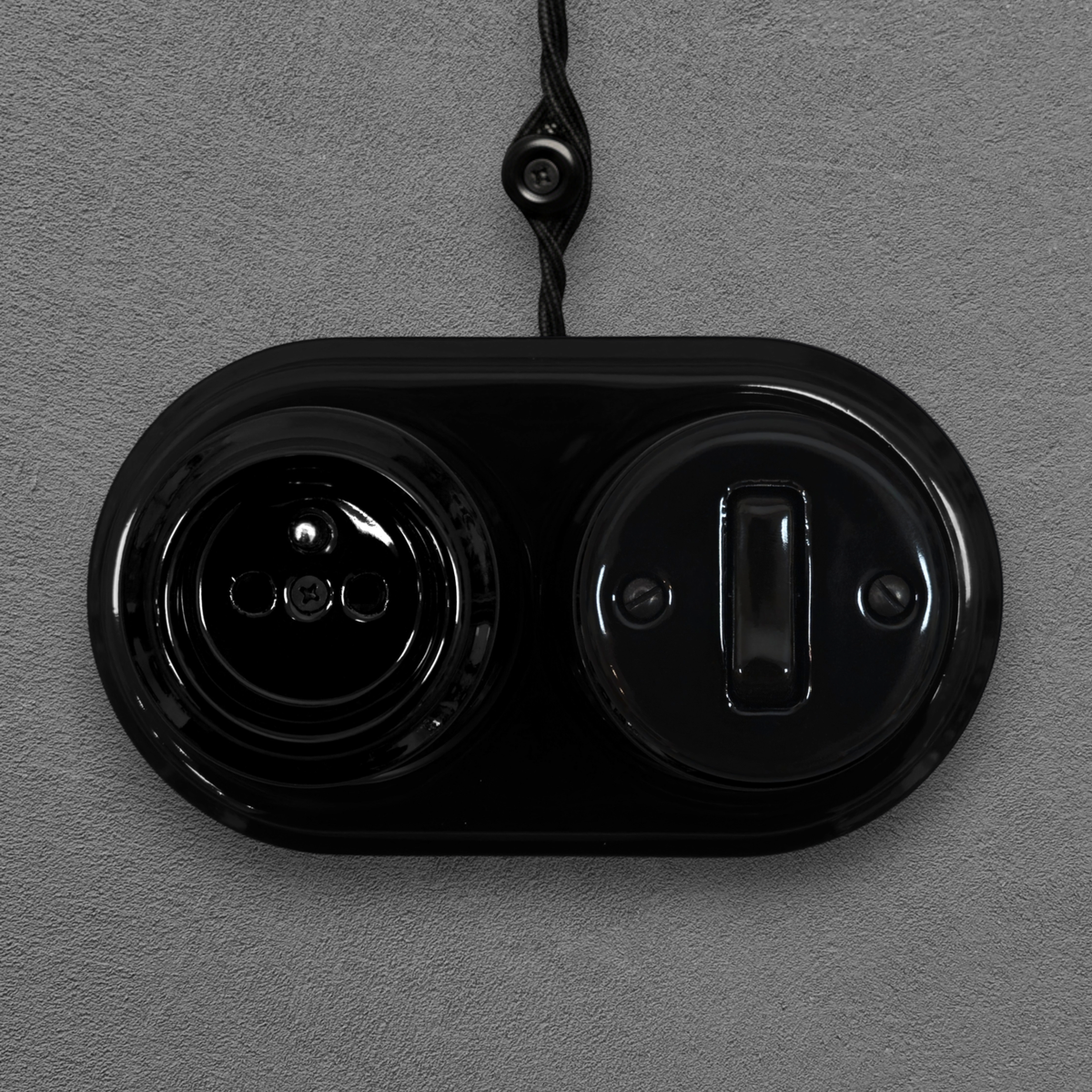 Surface Mount French (Type E) Socket + Rocker Light Switch SET in Black Porcelain