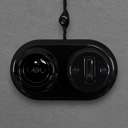 Surface Mount French (Type E) Socket + Rocker Light Switch SET in Black Porcelain