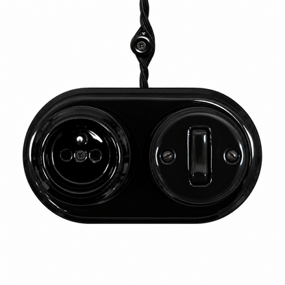 Surface Mount French (Type E) Socket + Rocker Light Switch SET in Black Porcelain