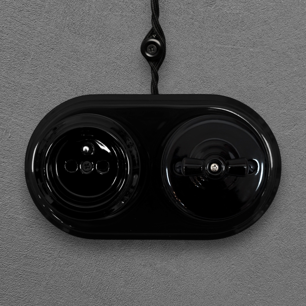 Surface Mount French (Type E) Socket + Rotary Light Switch SET in Black Porcelain