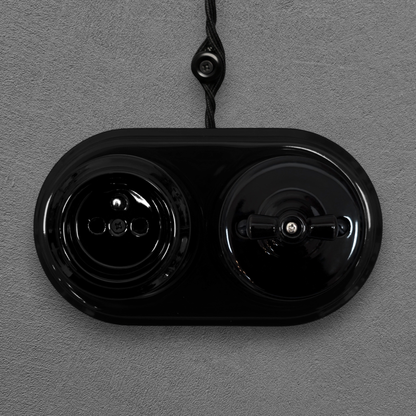 Surface Mount French (Type E) Socket + Rotary Light Switch SET in Black Porcelain