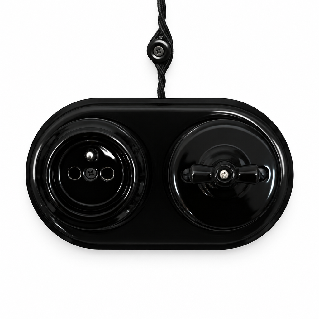 Surface Mount French (Type E) Socket + Rotary Light Switch SET in Black Porcelain