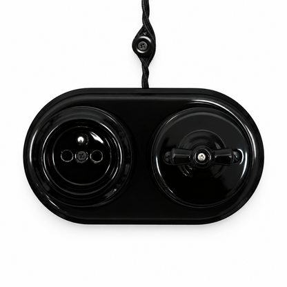 Surface Mount French (Type E) Socket + Rotary Light Switch SET in Black Porcelain