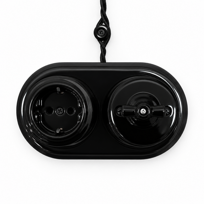 Surface Mount Schuko (Type F) Socket + Rocker Light Switch SET in Black Porcelain
