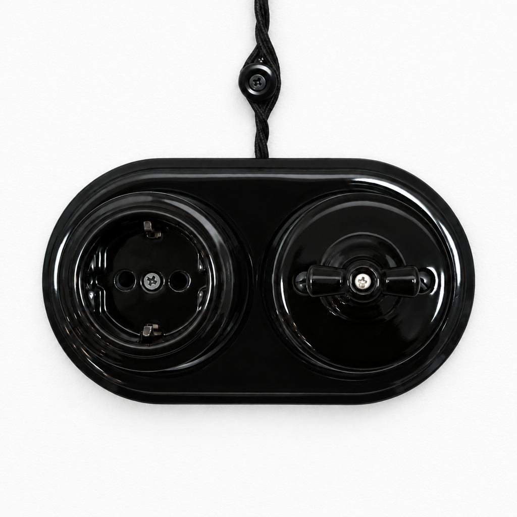 Surface Mount Schuko (Type F) Socket + Rotary Light Switch SET in Black Porcelain