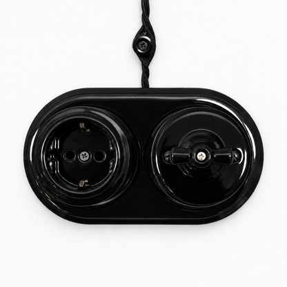 Surface Mount Schuko (Type F) Socket + Rotary Light Switch SET in Black Porcelain
