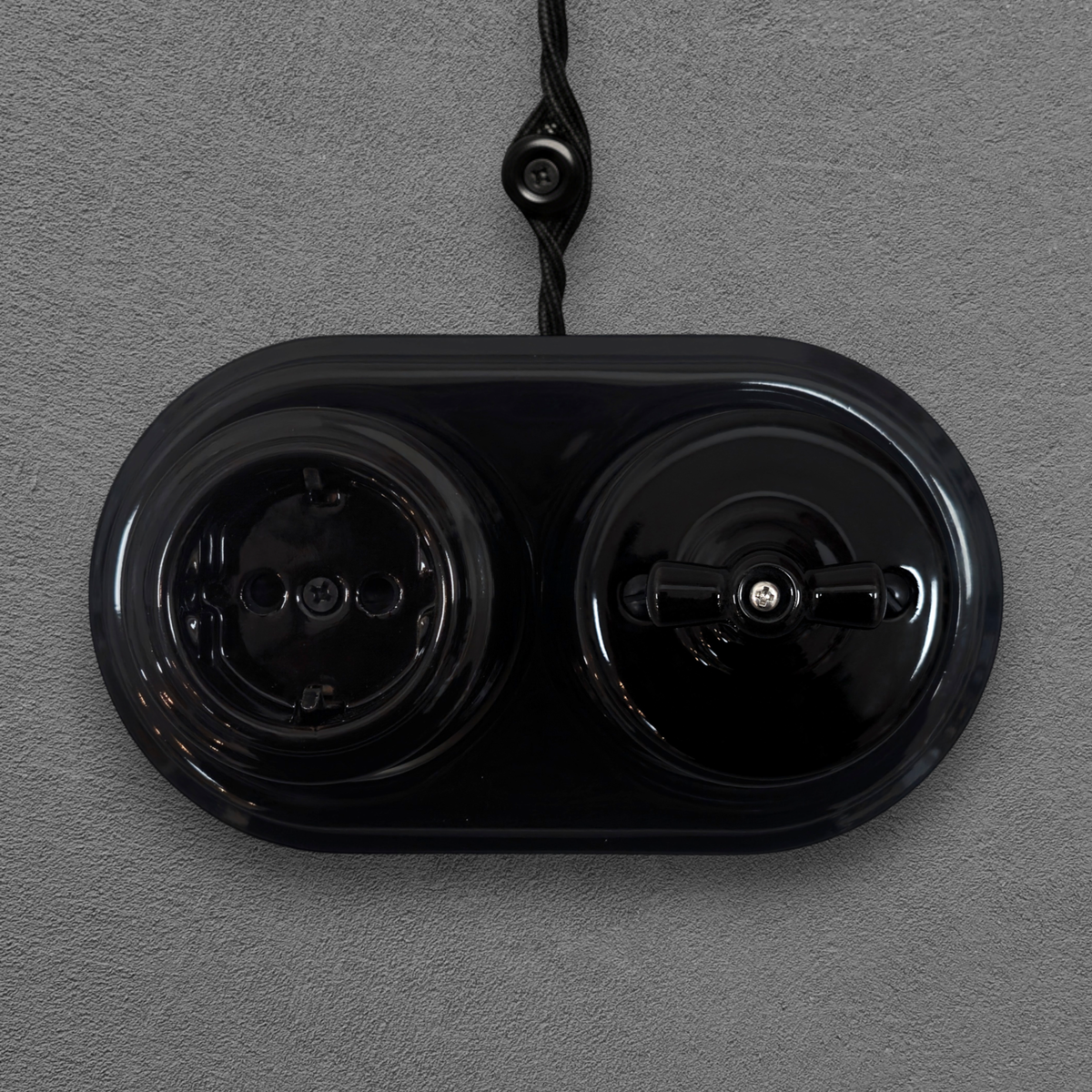 Surface Mount Schuko (Type F) Socket + Rocker Light Switch SET in Black Porcelain