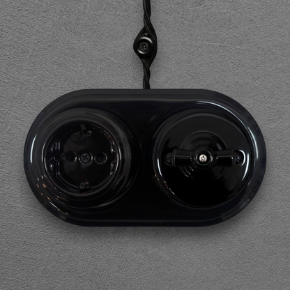 Surface Mount Schuko (Type F) Socket + Rocker Light Switch SET in Black Porcelain