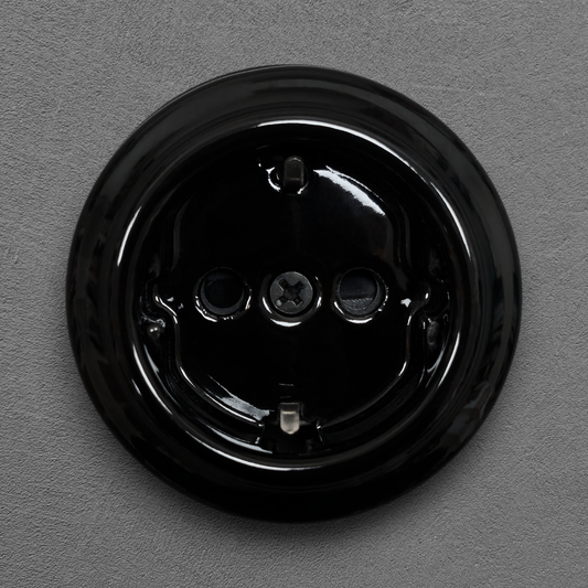Power Socket Porcelain Loft Retro Electrical German Schuko Insert Surface-Mounting Vintage Cottage Ceramic Black