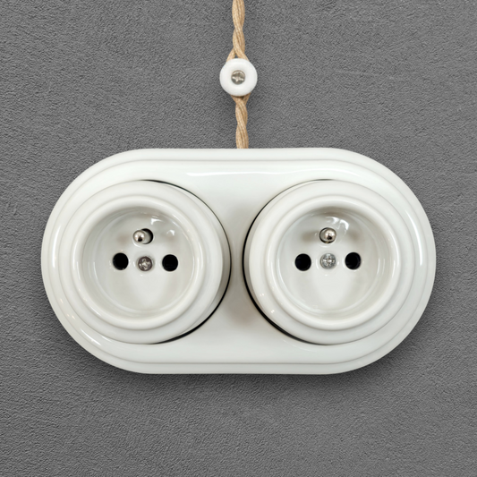 Double white French porcelain socket, surface-mount, front