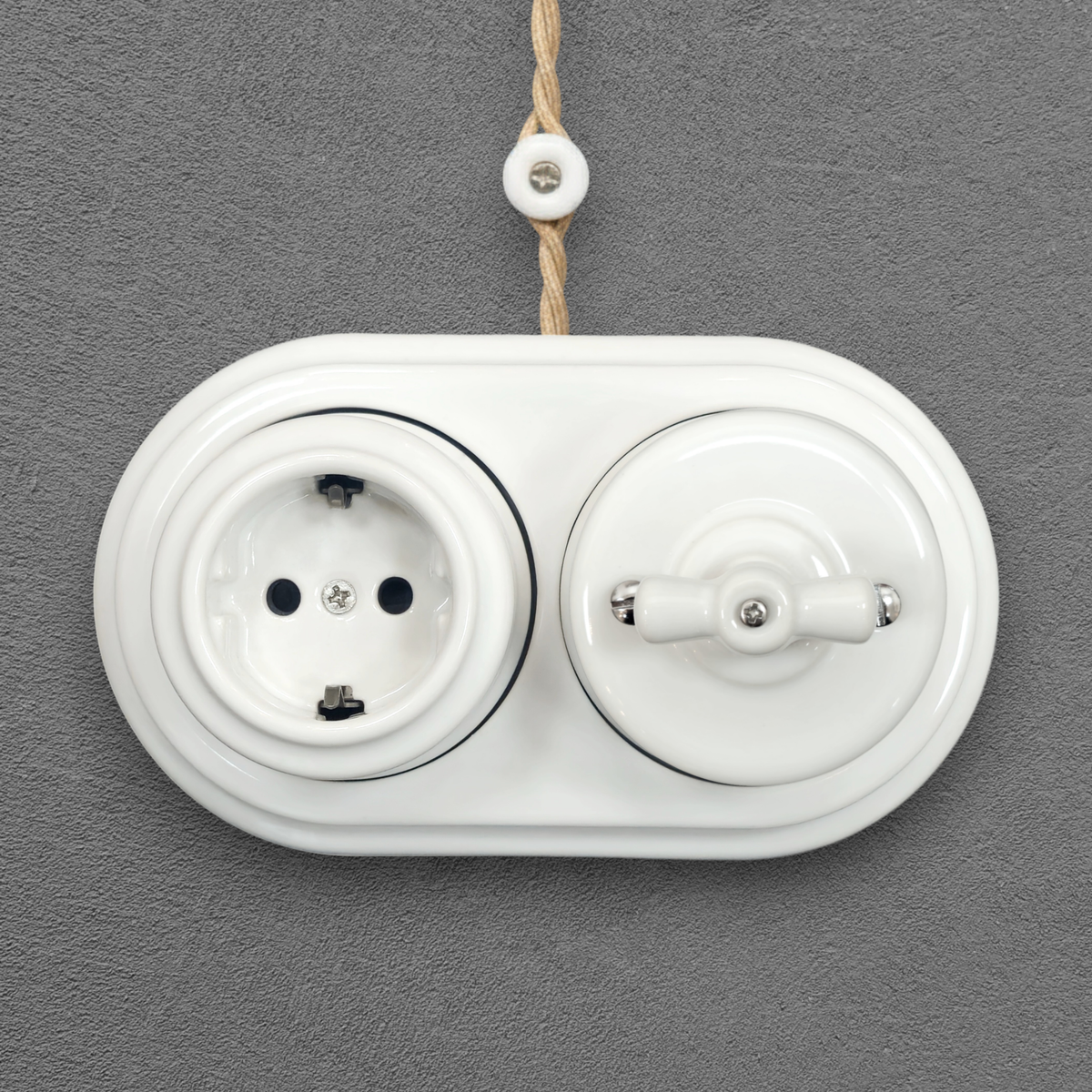 Surface Mount Schuko (Type F) Socket + Rotary Light Switch SET in White Porcelain