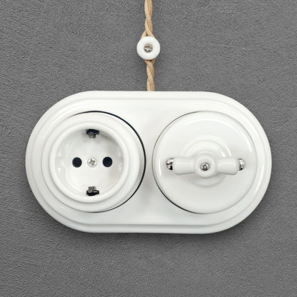 Surface Mount Schuko (Type F) Socket + Rotary Light Switch SET in White Porcelain