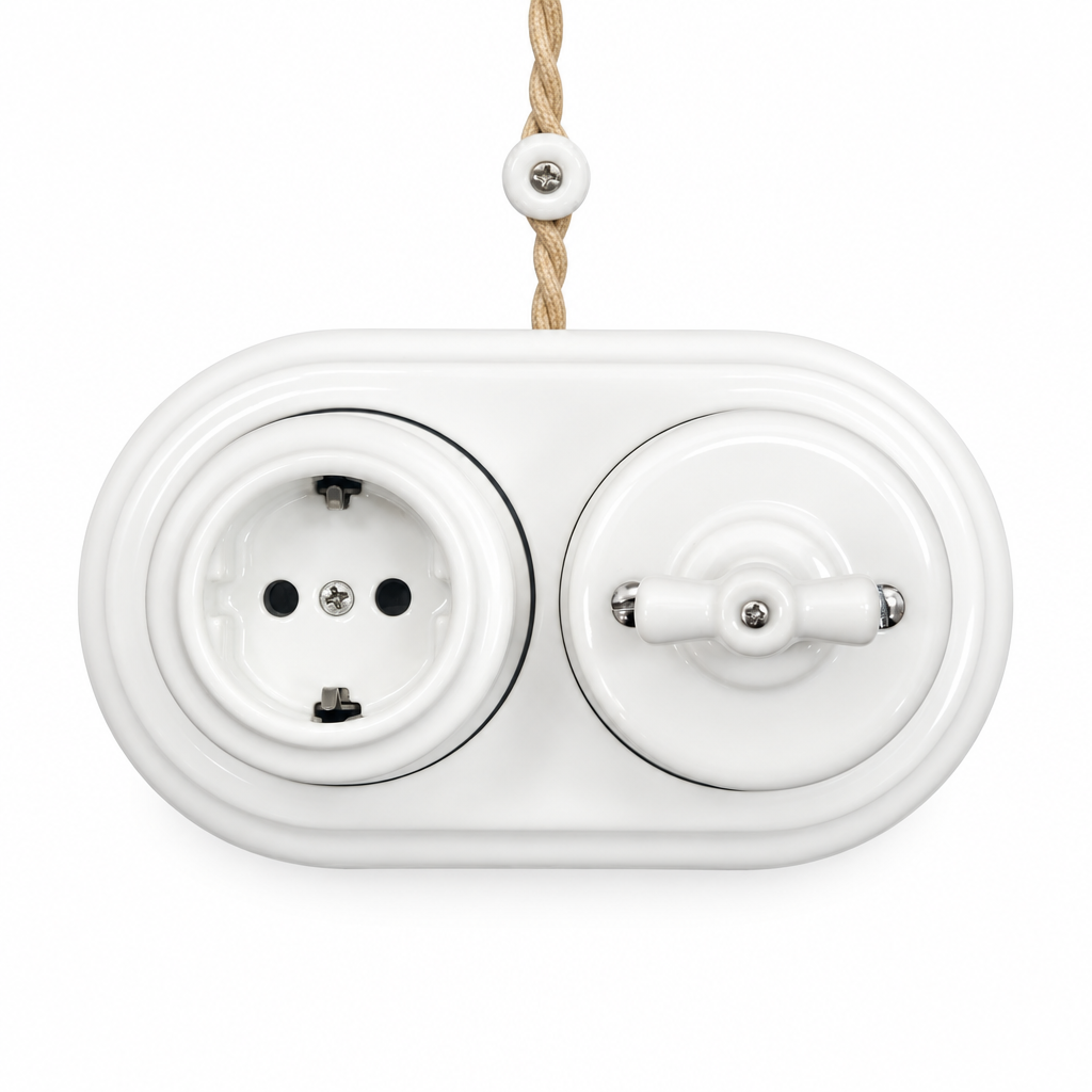 Surface Mount Schuko (Type F) Socket + Rotary Light Switch SET in White Porcelain