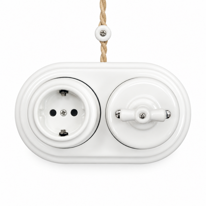 Surface Mount Schuko (Type F) Socket + Rotary Light Switch SET in White Porcelain