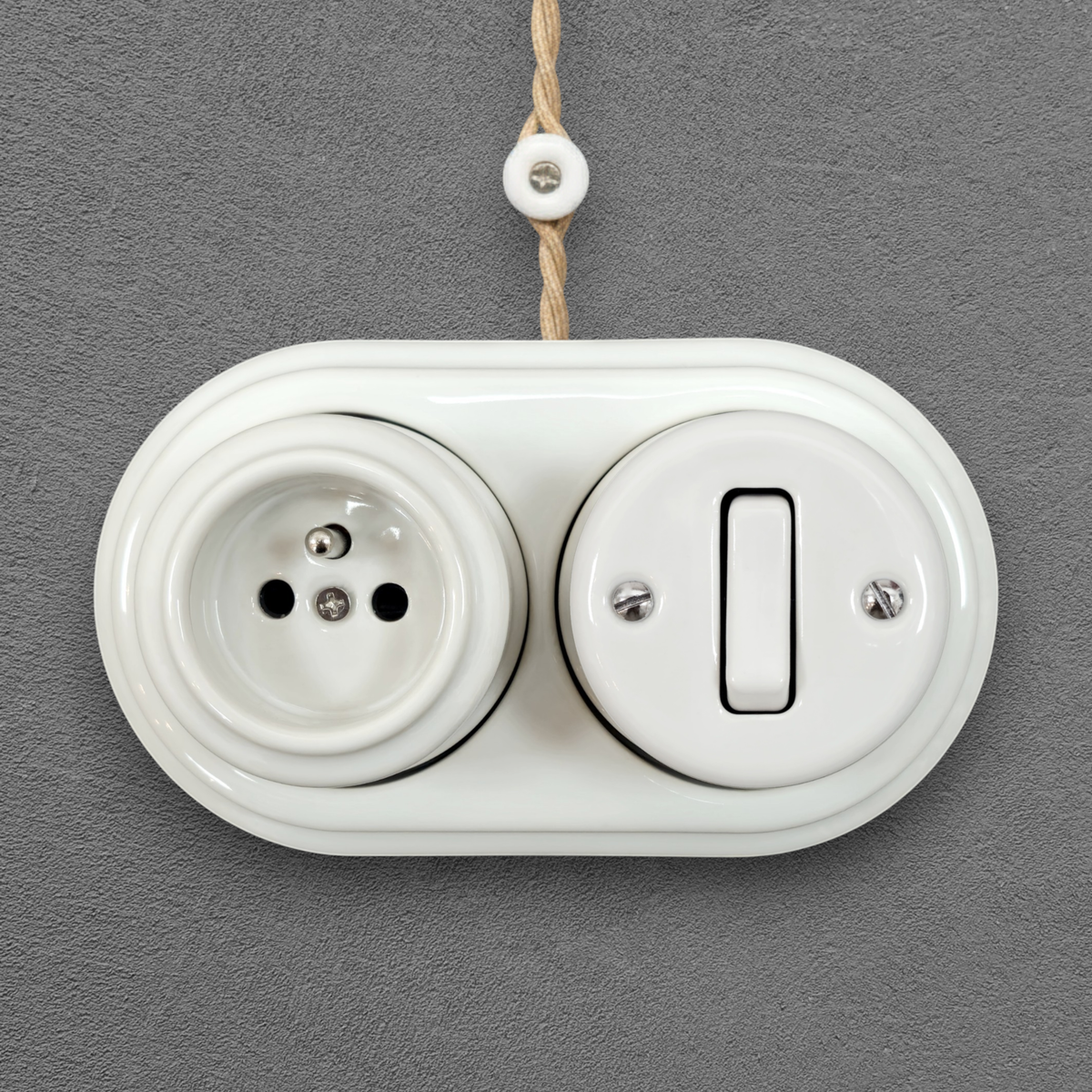 Surface Mount French (Type E) Socket + Rocker Light Switch SET in White Porcelain