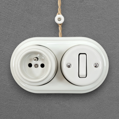 Surface Mount French (Type E) Socket + Rocker Light Switch SET in White Porcelain