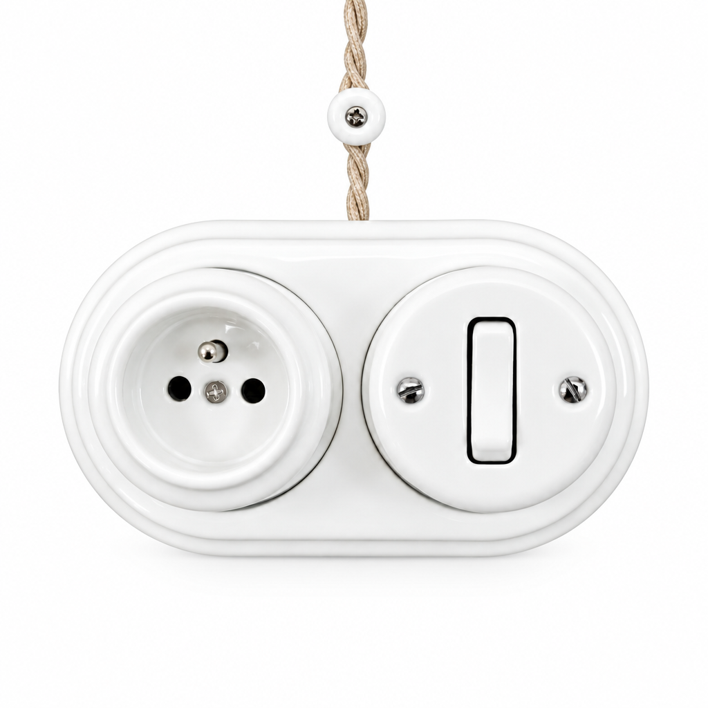 Surface Mount French (Type E) Socket + Rocker Light Switch SET in White Porcelain