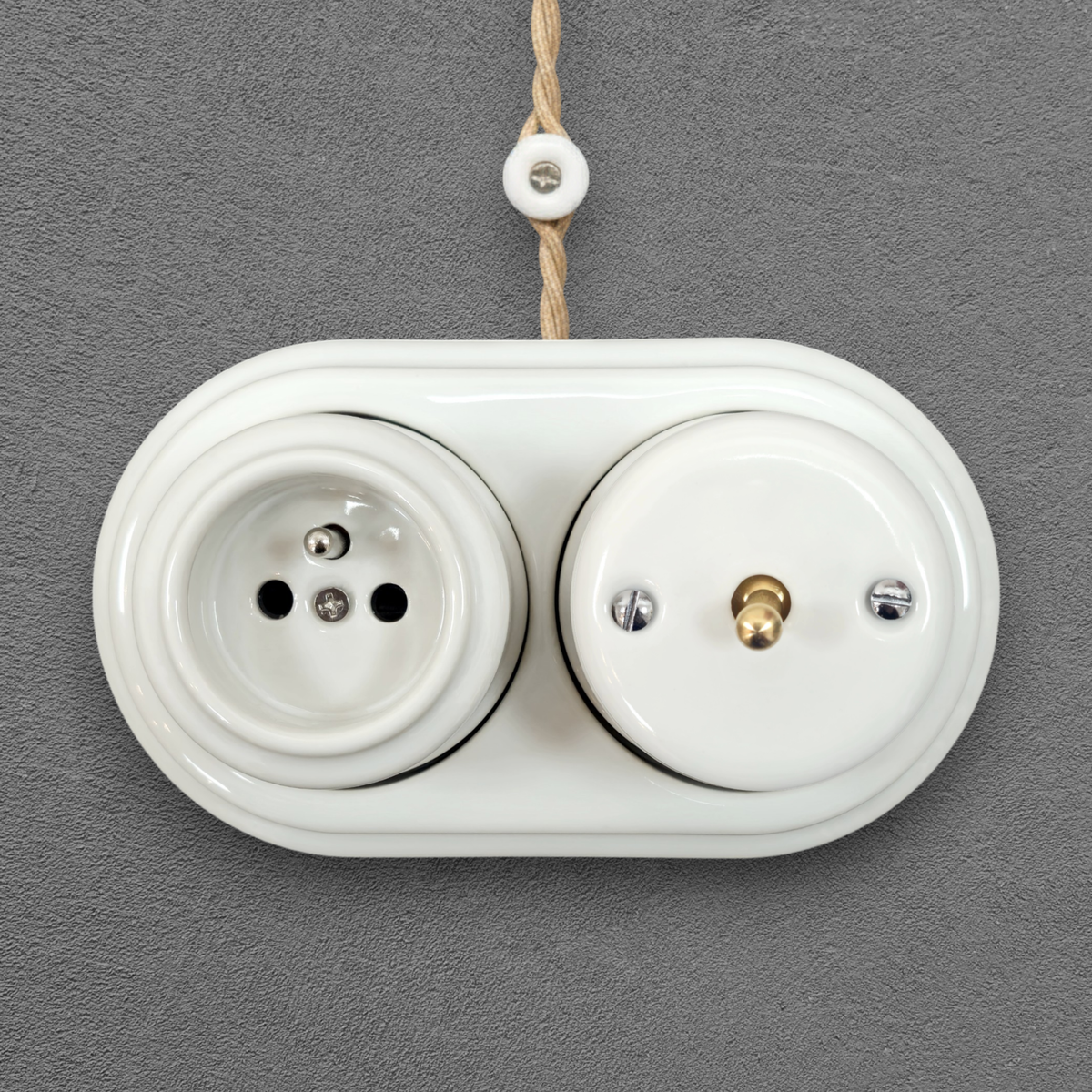 Surface Mount French (Type E) Socket + Toggle Light Switch SET in White Porcelain