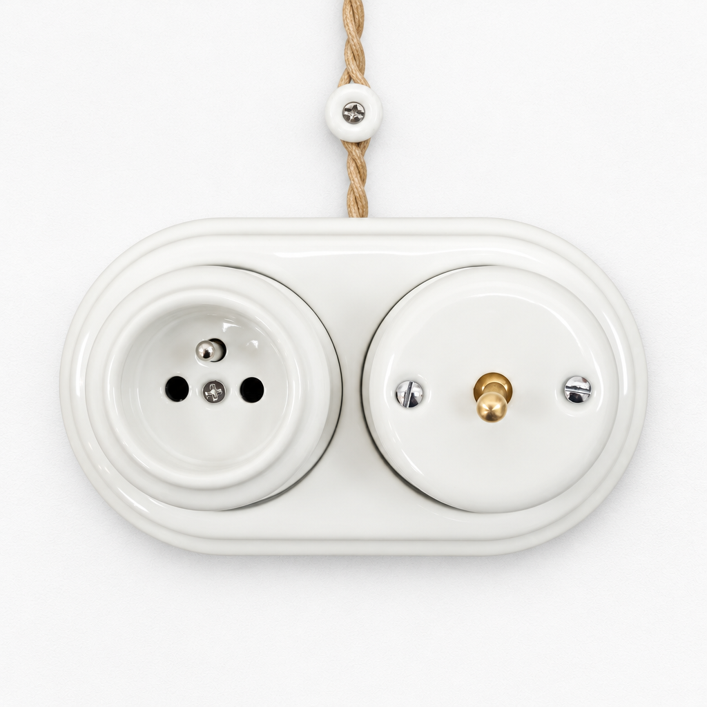 Surface Mount French (Type E) Socket + Toggle Light Switch SET in White Porcelain