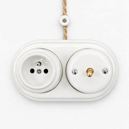 Surface Mount French (Type E) Socket + Toggle Light Switch SET in White Porcelain