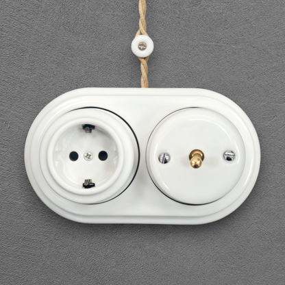 Surface Mount Schuko (Type F) Socket + Toggle Light Switch SET in White Porcelain