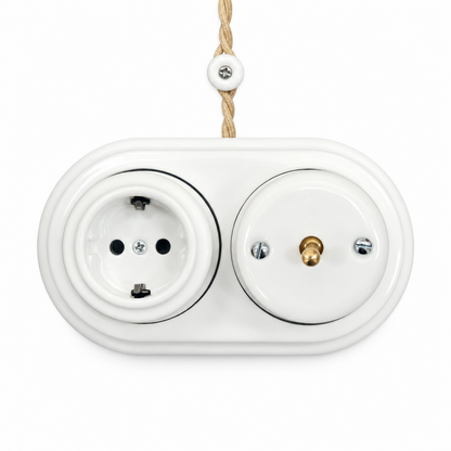 Surface Mount Schuko (Type F) Socket + Toggle Light Switch SET in White Porcelain