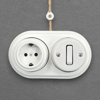 Surface Mount Schuko (Type F) Socket + Rocker Light Switch SET in White Porcelain