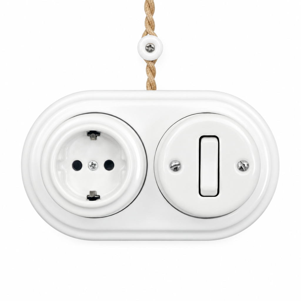 Surface Mount Schuko (Type F) Socket + Rocker Light Switch SET in White Porcelain