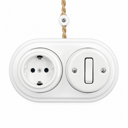 Surface Mount Schuko (Type F) Socket + Rocker Light Switch SET in White Porcelain