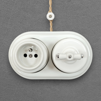 Surface Mount French (Type E) Socket + Rotary Light Switch SET in White Porcelain