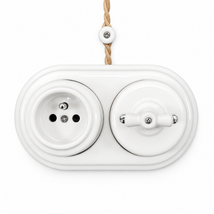 Surface Mount French (Type E) Socket + Rotary Light Switch SET in White Porcelain