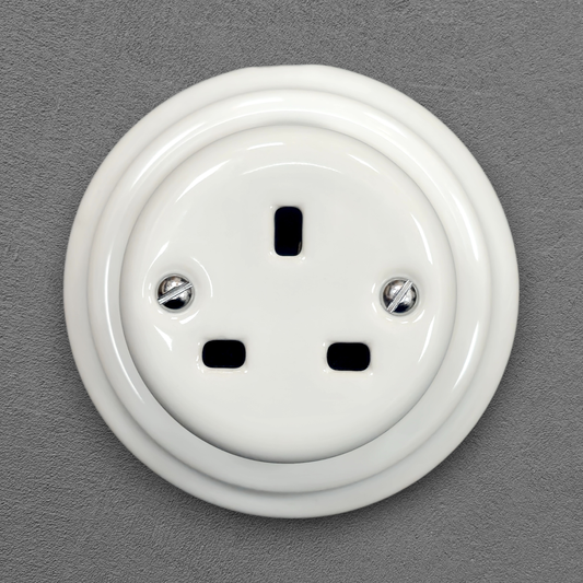 Power Socket 3 Prong UK Porcelain Surface Mounted Loft Retro Electrical Surface Mounted Vintage Cottage Ceramic White