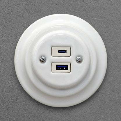 White porcelain USB A+C charging socket, flush-mounted, front